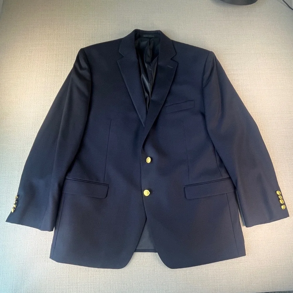 Lauren Ralph Lauren Blazer Mens 44R Navy Blue 100% Wool Gold Crest Button Coat